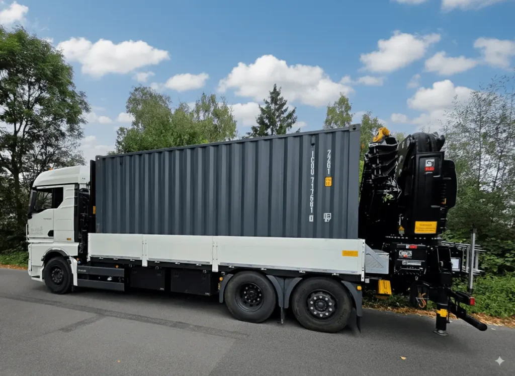 Seitenansicht des LKW mit Container und Ladekran