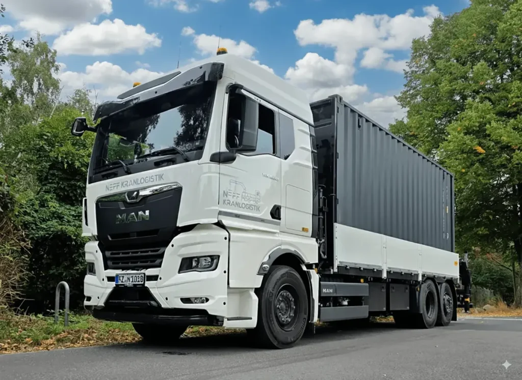 Moderner MAN-LKW mit Containeraufbau im Einsatz
